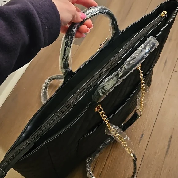 NWT Gilda Paris Black Quilted XLarge Tote Bag with Chain Strap